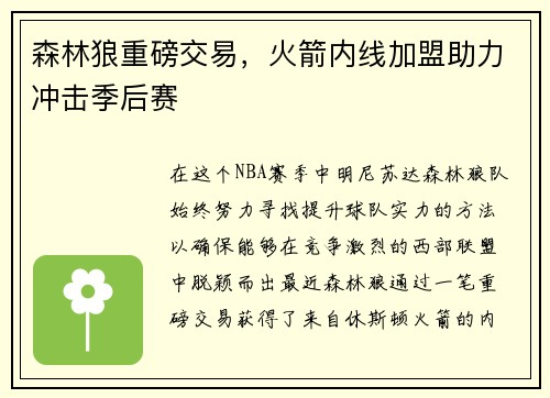 森林狼重磅交易，火箭内线加盟助力冲击季后赛